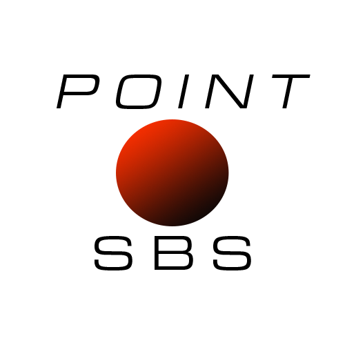 A neon orange card with a dark round globe icon. POINT is written above the icon, and SBS is written below.